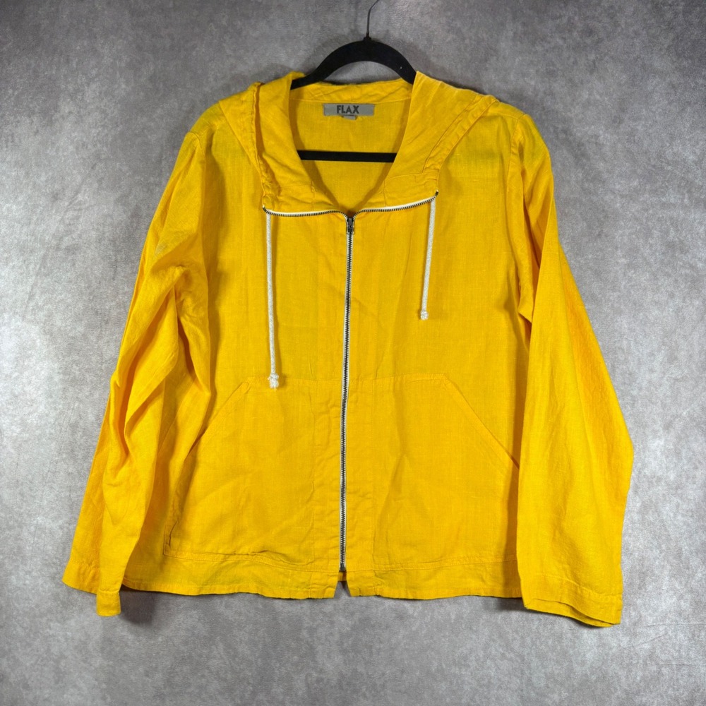 FLAX Jacket Womens P Yellow 100% Linen Zip Hooded Lightweight Casual Minimalist